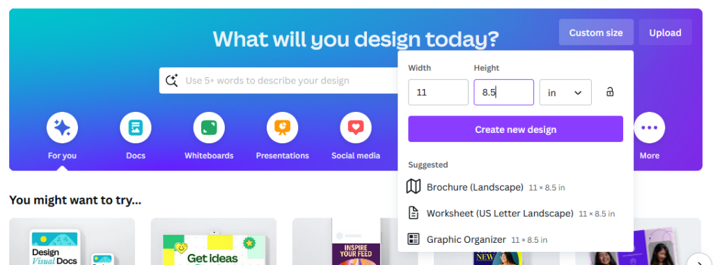 custom size input on canva